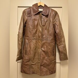 DANIER Leather Midi Mini Thinsulate Lined Brown Coat Slim Cut Y2K US 2/4 XS/S